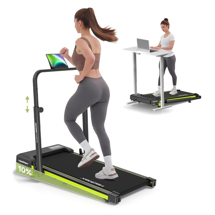 Бігова доріжка Walking Pad з нахилом 10%, 3.0 к.с., складна, для дому з магнітним пультом, LED-дисплеєм, висувними поручнями, 12 програм HIIT, до 136 кг, зелена
