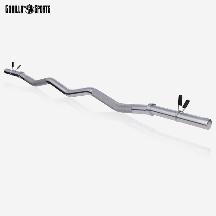 SZ-штанга GORILLA SPORTS 120 см, до 180 кг, 30/31 мм, хромована, з насічками та 2 пружинними замками – вигнута штанга для біцепса, рифлена, неслизька