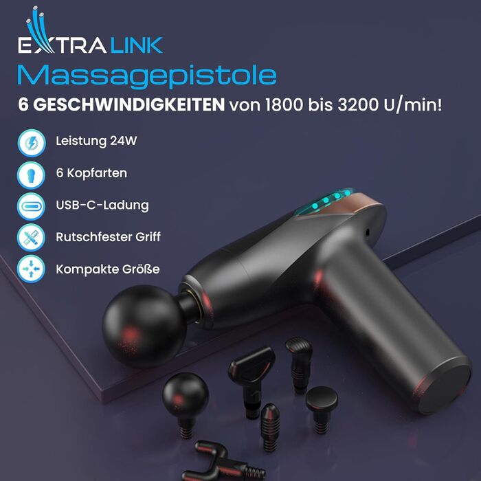 Масажер Extralink Massage Gun Lite: 6 насадок, 3200 об/хв, USB-C, для шиї та м'язів