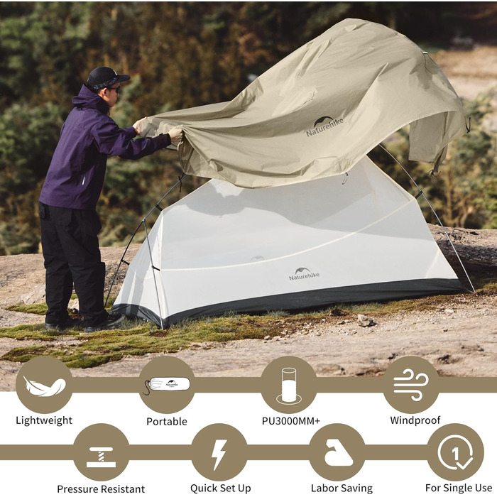 Намет Naturehike Cloud Up Pro для кемпінгу, 1 особа, легкий, водонепроникний, для трекінгу та подорожей (Хакі, 20D)