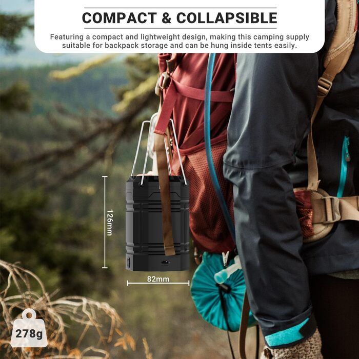 LED кемпінговий ліхтар на сонячній батареї, водонепроникний, з ручкою, акумулятор 3000mAh, для туризму, риболовлі, SOS, відключень світла (чорний)