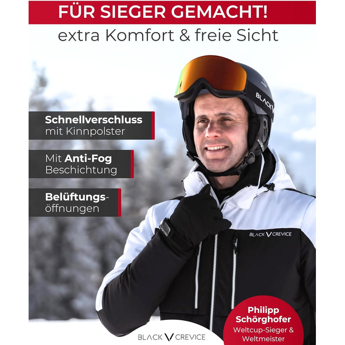 Шолом гірськолижний BLACK CREVICE Kirchberg з візором та вентиляційними отворами, чорний/сріблястий, розмір M (54-57 см)