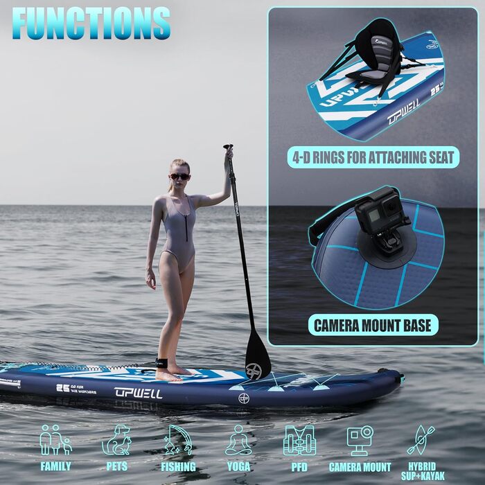 SUP дошка Upwell 350x89 см з сидінням, надувний борд для дорослих та підлітків, комплект з аксесуарами (рюкзак, весло, ліш, помпа, плавники) Chipmech Blue