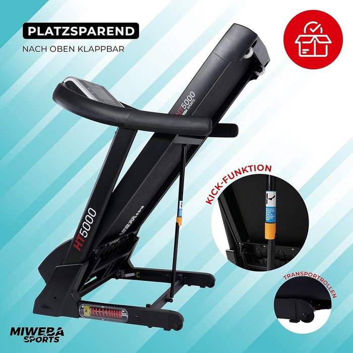 Електрична бігова доріжка Miweba Sports HT5000, 7 к.с., 18 км/год, нахил до 15%, до 150 кг, додаток, складана, велика бігова поверхня, 12 програм, домашній тренажер, фітнес-обладнання, чорна