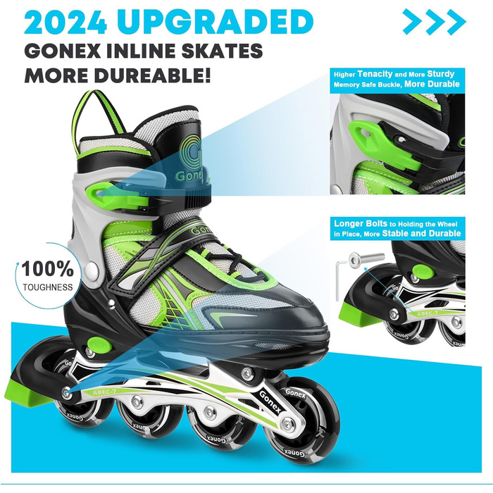 Дитячі ролики Gonex для дівчаток та хлопчиків, регульовані, світлові, зелені (EU 35-38)