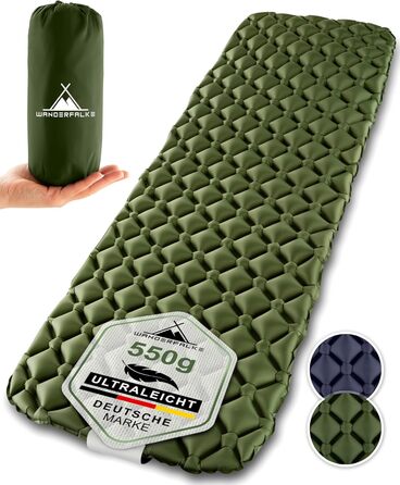 WANDERFALKE® 550g Легкий Надувний Килимок для Туризму - (XL, 66 см) - Килимок для Кемпінгу з Компактним Розміром для Відпочинку на Відкритому Повітрі, Походів, Піших Прогулянок та Bikepacking (Зелений)