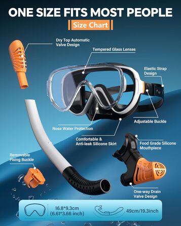 Набір для снорклінгу G2RISE для дорослих: маска та трубка для плавання, дайвінгу та снорклінгу. Зручна маска з загартованими лінзами та регульованою застібкою. Біло-помаранчевий колір.