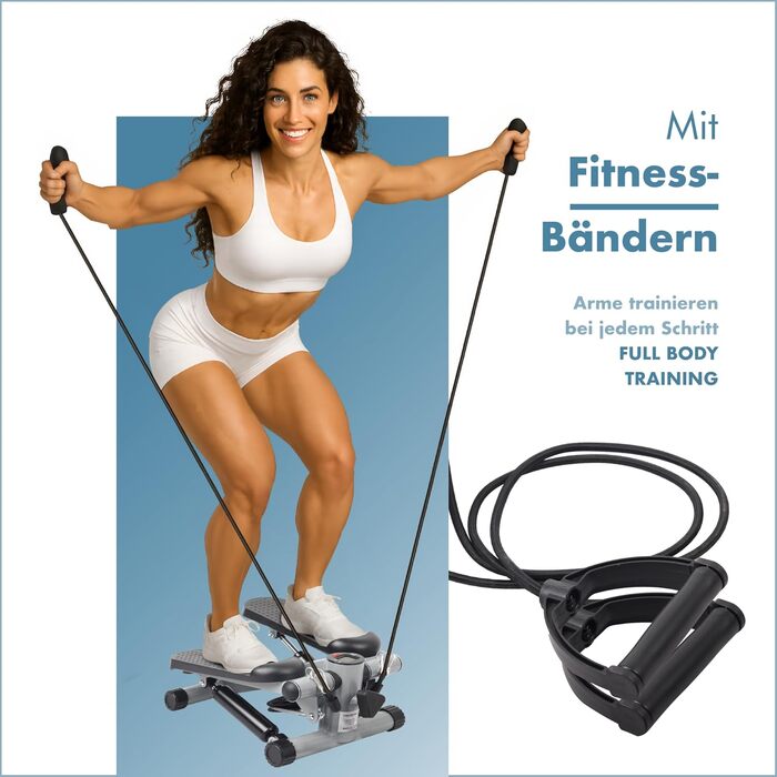 Міні степер PORTENTUM для дому з еластичними стрічками та LCD-дисплеєм - 5 функцій, Stairmaster 3-в-1 для ніг та рук, регульована інтенсивність, компактний фітнес-тренажер