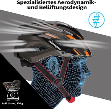 Велосипедний шолом Shinmax з візором та LED-ліхтарем, для дорослих, універсальний, знімний, для MTB, шосейних і гірських велосипедів, чорний/помаранчевий/титан, розмір 57-62 см