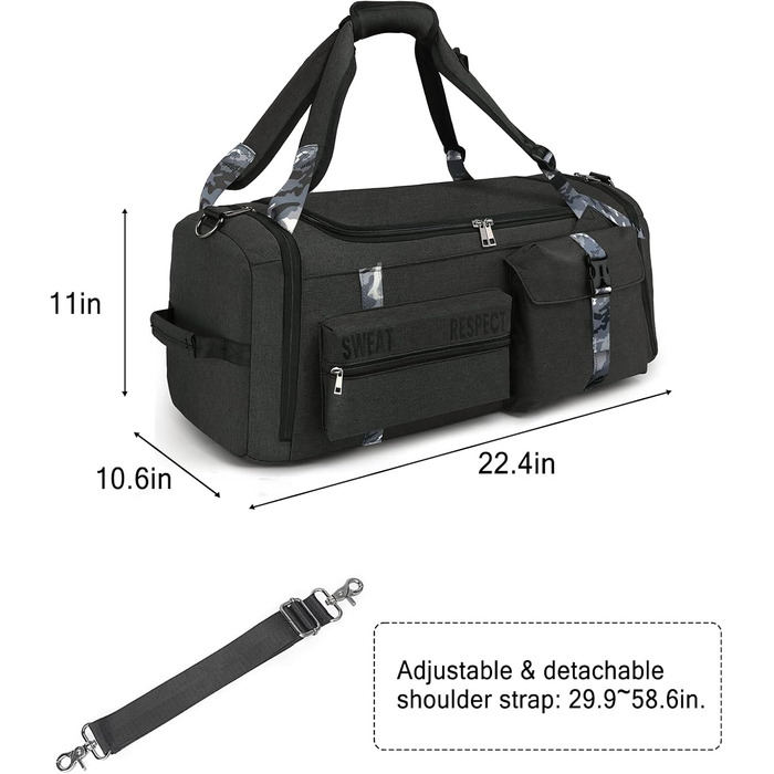 Спортивна сумка-рюкзак 3-в-1 для чоловіків з відділенням для взуття та вологих речей, чорна (22.4 x 10.6 x 11 дюймів)
