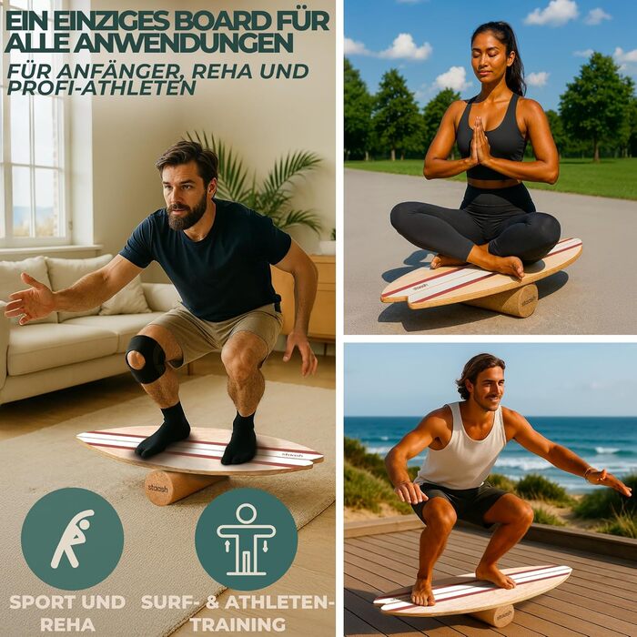 STAASH® PRO Балансборд з берези – Преміум 5-в-1 набір для балансу, фітнесу та реабілітації. Ролик + півсфера + килимок. Витримує до 150 кг, колір теракота