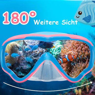 Дитячі маски для снорклінгу Vvinca з тканинним ремінцем, 180° панорама, анти-витік, для дітей 3-13 років (хлопчики та дівчатка), блакитний та рожевий кольори