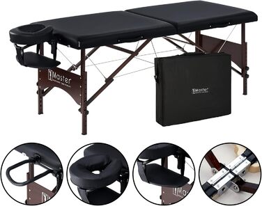 Портативний масажний стіл Master Massage Argo 71 см, складаний, масажне ліжко з ніжками з горіхового дерева, чорний, у комплекті сумка для транспортування