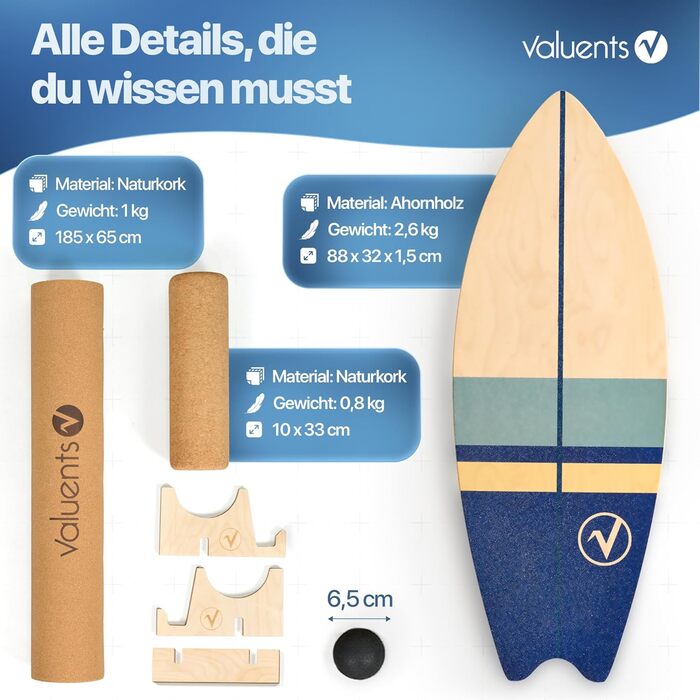 Балансборд дерев'яний у формі серфа з роликом для тренування нейром'язової відповіді + підставка, колір: бежевий або світло-коричневий