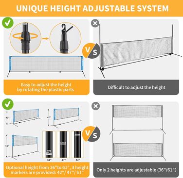 Набір для бадмінтону та піклболу портативний 10 футів з регульованою висотою, 2 ракетки для бадмінтону та 2 піклболу