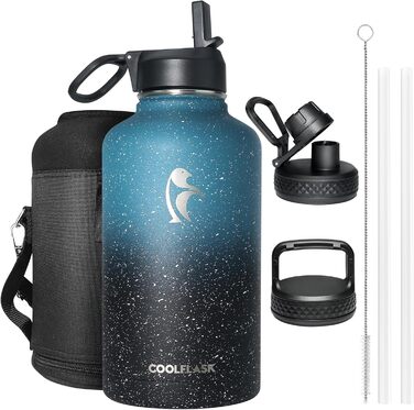 Термос-пляшка Coolflask 2 л з соломинкою та 3 кришками, велика ізольована сталева пляшка для води, спорт і подорожі, Starry Indigo Black