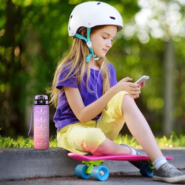 Спортивна пляшка 1л з позначенням часу, фільтром, для води з газом, без витоку. Підходить для велосипеда, бігу, дорослих. Колір: лавандово-рожевий