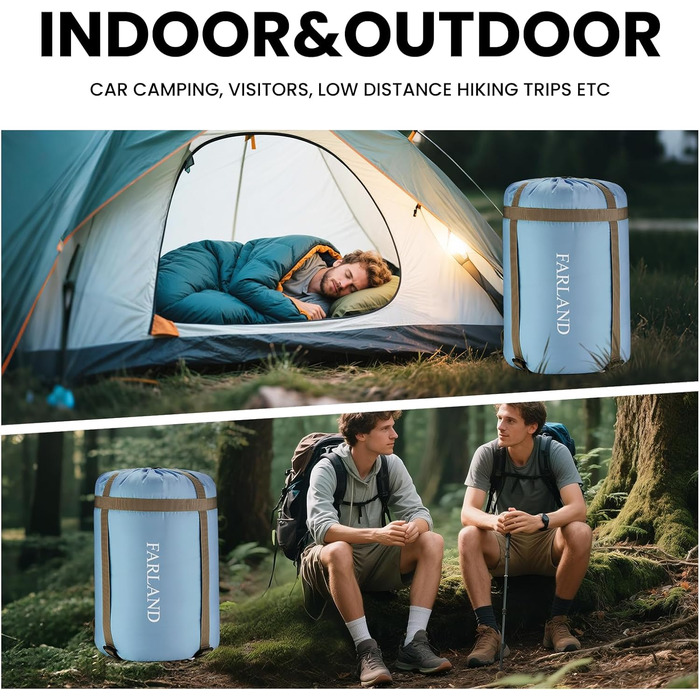 Спальний мішок FARLAND для дорослих, підлітків та дітей, до +6.7°C, 3-4 сезони, водонепроникний, з компресійним мішком, для кемпінгу, походів та рюкзаків, розмір Medium (87'x 29.5'), колір блакитний (R Zip)