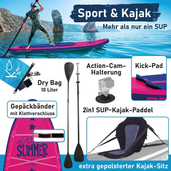 SUP дошка BRAST Summer надувна, 320x81x15 см, рожева: комплект з аксесуарами (рюкзак, весло 2-в-1, сидіння для каяка, тримач для екшн-камери, ліш)