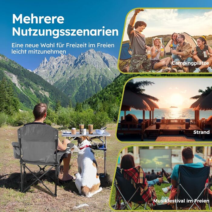 HIGH POINT SPORTS: 2 шт. складаний стілець для риболовлі та відпочинку на природі. Зручний, з кишенею для напоїв та охолоджувальною сумкою, до 120 кг, сірий