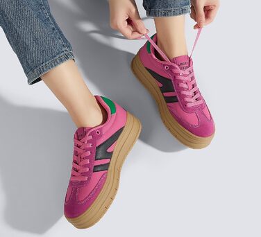 Кросівки LUCKY STEP Plateau Sneaker для жінок - платформа, канвас, ретро стиль, низький профіль, комфортні для повсякденного носіння, бежево-зелені (36 EU, фуксія, чорний)