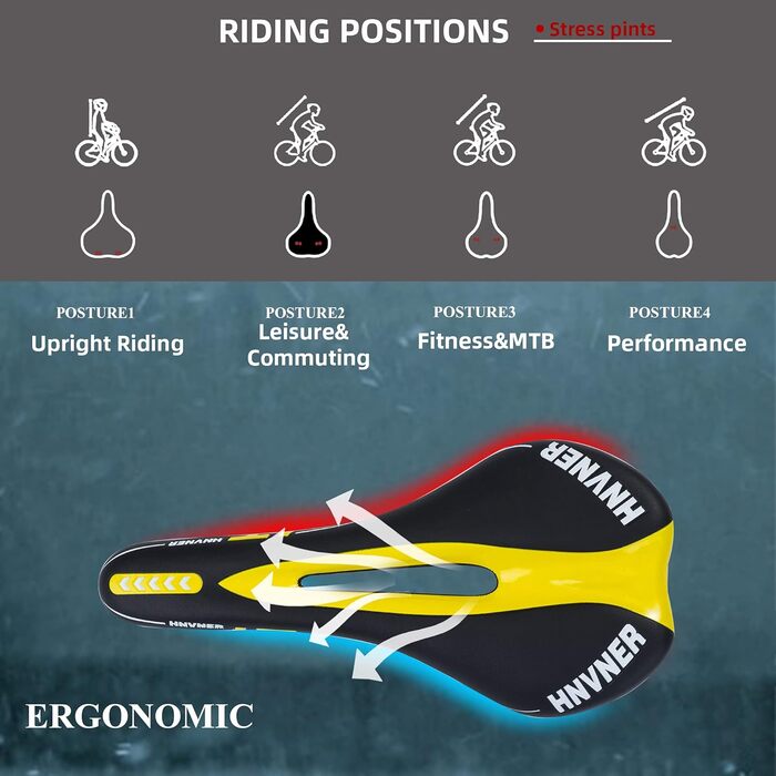 Комфортний сідло для велосипеда Cityrad Hohl Ergonomisch: ергономічне сідло для шосе, MTB, більшості велосипедів (280x140x55mm, чорний/жовтий)