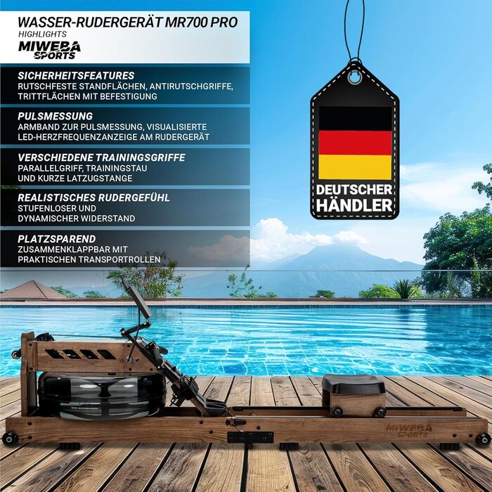 Гребний тренажер Miweba Sports MR700 Pro для дому, водний, складаний, з Bluetooth, LED баком, сумісний з Kinomap, дерев'яний
