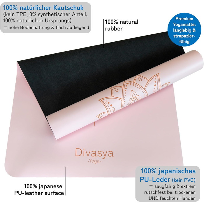 Преміум йога-мат DIVASYA, нековзкий, натуральний каучук, професійне японське покриття, 185x68x0,45 см, ремінець, 4,5 мм, без шкідливих речовин, пастельно-рожевий