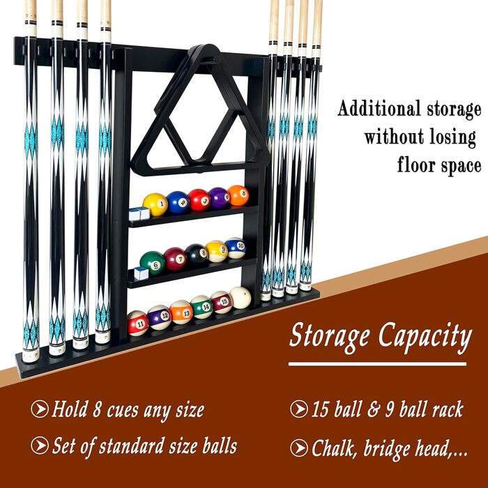 Підставка для кия для більярдного кия, чорна, з масиву дерева, на 8 київ