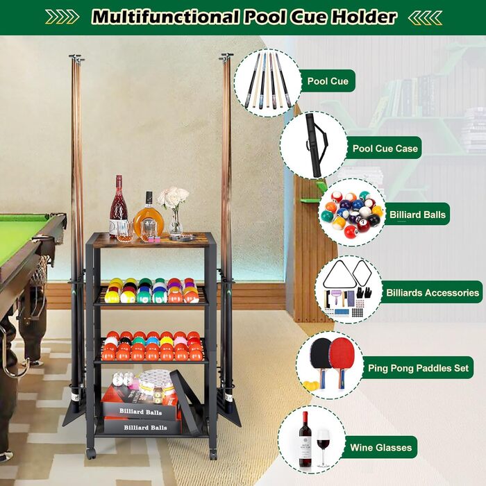 Стійка для київ (8 шт.) з органайзером для аксесуарів для більярду – зберігання для київ, куль, та обладнання. Міцна підставка для більярдного столу вдома або в барі
