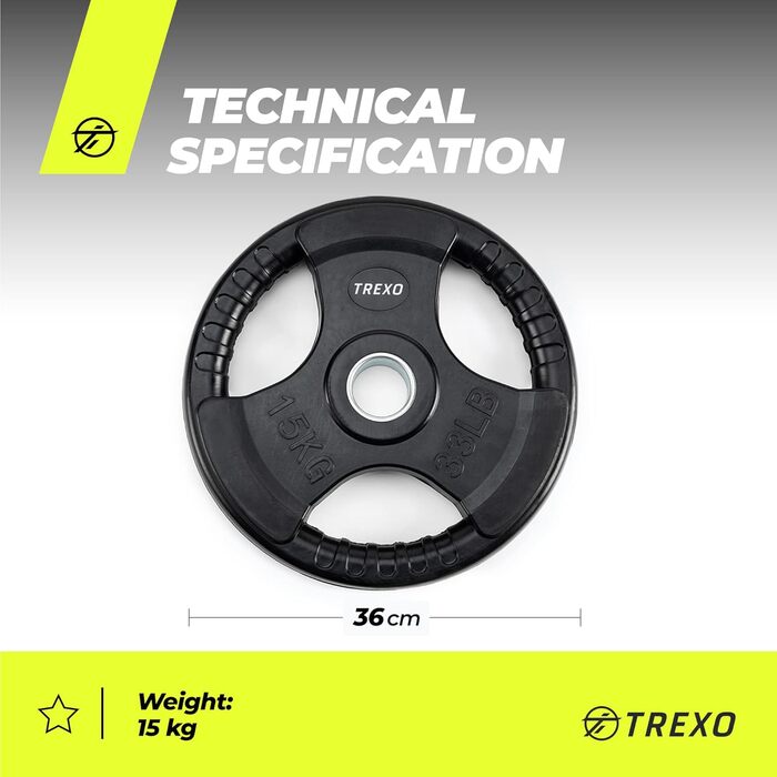 Диск для штанги TREXO 15 кг з ручками, чавунний, покритий, для кросфіту та силових тренувань