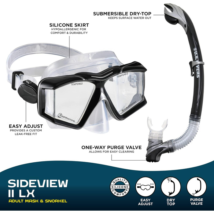 Набір для дайвінгу US.Divers Sideview для дорослих: маска та трубка з панорамним оглядом 180°, UV-захист, антифог, клапан, чорний/сріблястий