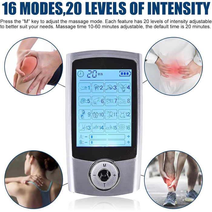 Пристрій TENS 16 режимів: електростимулятор для зняття болю та розслаблення м'язів. 16 програм, 20 рівнів інтенсивності, 2 канали, EMS, преміум електроди (білий)