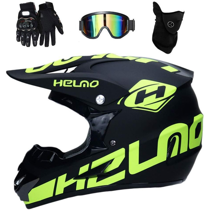 Унісекс Мотокрос Шолом на Все Обличчя з Очками, Рукавичками, Маскою, для Юніорів та Дітей, Ендуро, Оф-роуд, Мотоцикл, MTB, ATV, BMX, Quad, Dirt Bike, Сертифікований D.O.T (L/56-57см, Зелений)