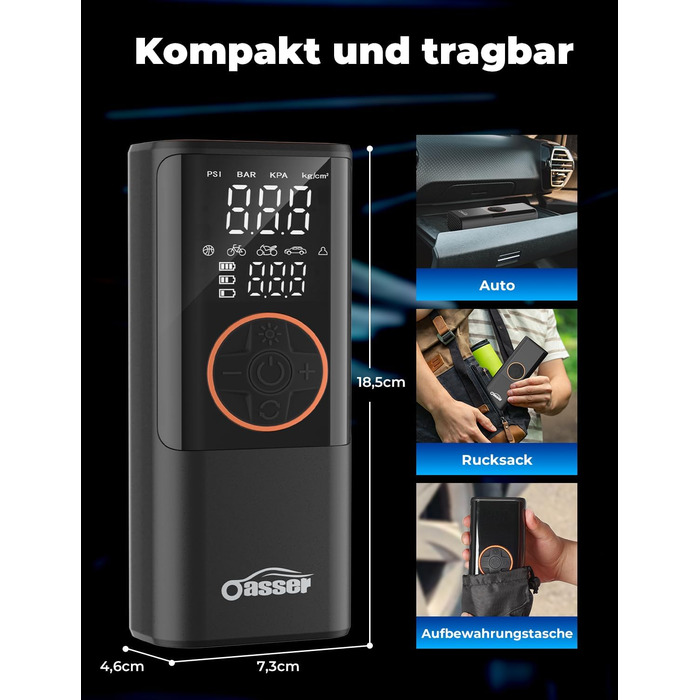 Електричний компресор Oasser з акумулятором 6000mAh, 150 PSI, з двома дисплеями, для авто, мото, велосипеда, м'ячів, подорожей та кемпінгу