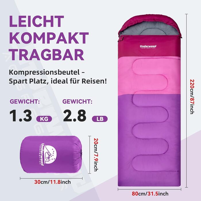 Спальні мішки для дорослих та дітей – ультралегкі, компактні, 3-сезонні спальні мішки для кемпінгу (фіолетовий), 1,3 кг