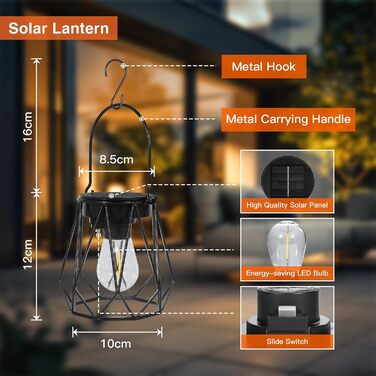 Сонячні ліхтарі для саду та вулиці, 2 шт. - Водостійкі металеві ліхтарі LED, для газону, патіо, кемпінгу, чорні, восьмикутні