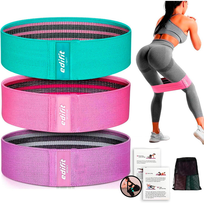 Еспандери Edifit Fitnessbänder 3-рівневі для фітнесу, йоги, пілатесу (3 шт., рожевий, фіолетовий, зелений)