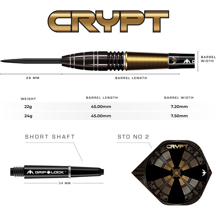 Набір дротиків Mission Darts Crypt 90% вольфрам, чорний і золотий, PVD-покриття, сталевий наконечник, різні стилі та ваги