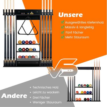 Підставка для більярних київ COSTWAY на стіну, для 8 київ, 15 куль та підставки для куль, з натурального дерева (чорна)