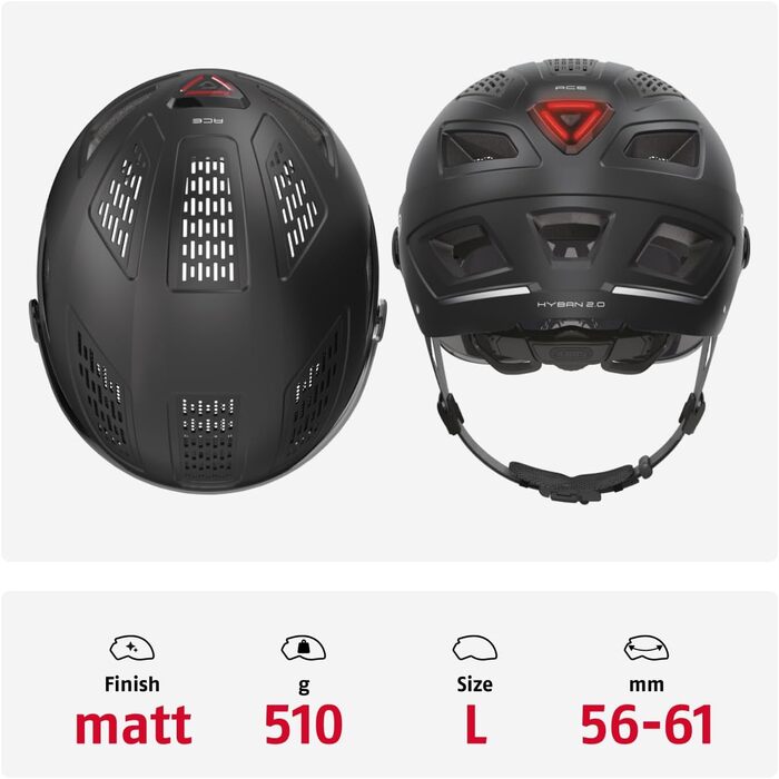 Шолом велосипедний ABUS Hyban 2.0 ACE з візором, світлом та ABS-оболонкою, чорний (velvet black), L (56-61 см)