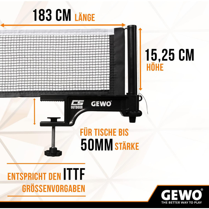 Сітка для настільного тенісу GEWO CS Outdoor - міцна, для вулиці, з регулюванням висоти
