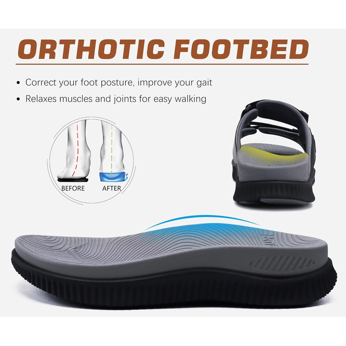 Чоловічі спортивні сандалі KuaiLu з м'якою устілкою, ортопедичні для фасціїту, підошва для хайкінгу, літні, легкі, відкриті, з регульованим липучкою (Сірий, 43 EU)