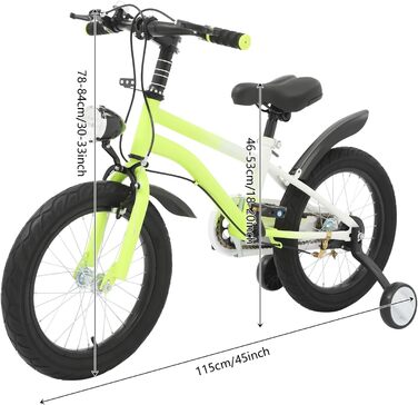 Дитячий велосипед 16 дюймів для дітей 5-8 років, регульована висота, з додатковими колесами та LED-ліхтариком (жовтий)