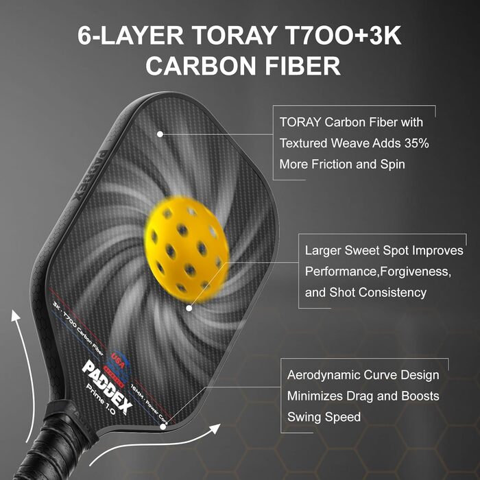 Професійний ракетковий пристрій для піклболу з вуглецевого волокна, 16 мм Power-PP серцевина, схвалений USAPA