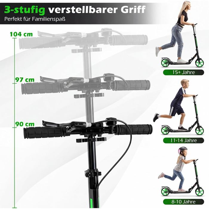 COSTWAY Розкладний самокат для дітей та дорослих, зелений, з дзвіночком та підставкою, до 100 кг