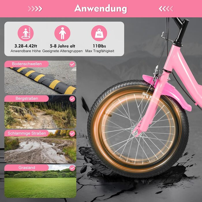 Дитячий велосипед 16 дюймів для дітей 5-8 років, рожевий, з додатковими колесами, регульоване сідло та кермо