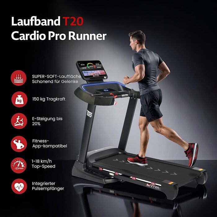 Бігова доріжка AsVIVA T20 Pro для дому: складана, швидкість до 18 км/год, нахил 20%, амортизація, макс. вага 150 кг, тренажер для кардіо та витривалості