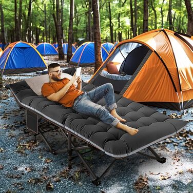 Розкладне ліжко ZIKEBTUY з матрацом, 200 кг, для кемпінгу та відпочинку, 190x71x36 см, з сумкою, сірий/чорний XL