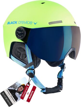 Шолом гірськолижний BLACK CREVICE Gstaad з візором (стиль пілота) | Полікарбонат, дихаючий, регульований 51-53 см | Lime-Blau/Blau